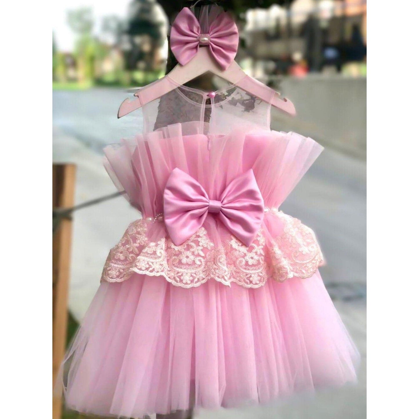 Special occasion pink lace dress with bow - Western By Zari