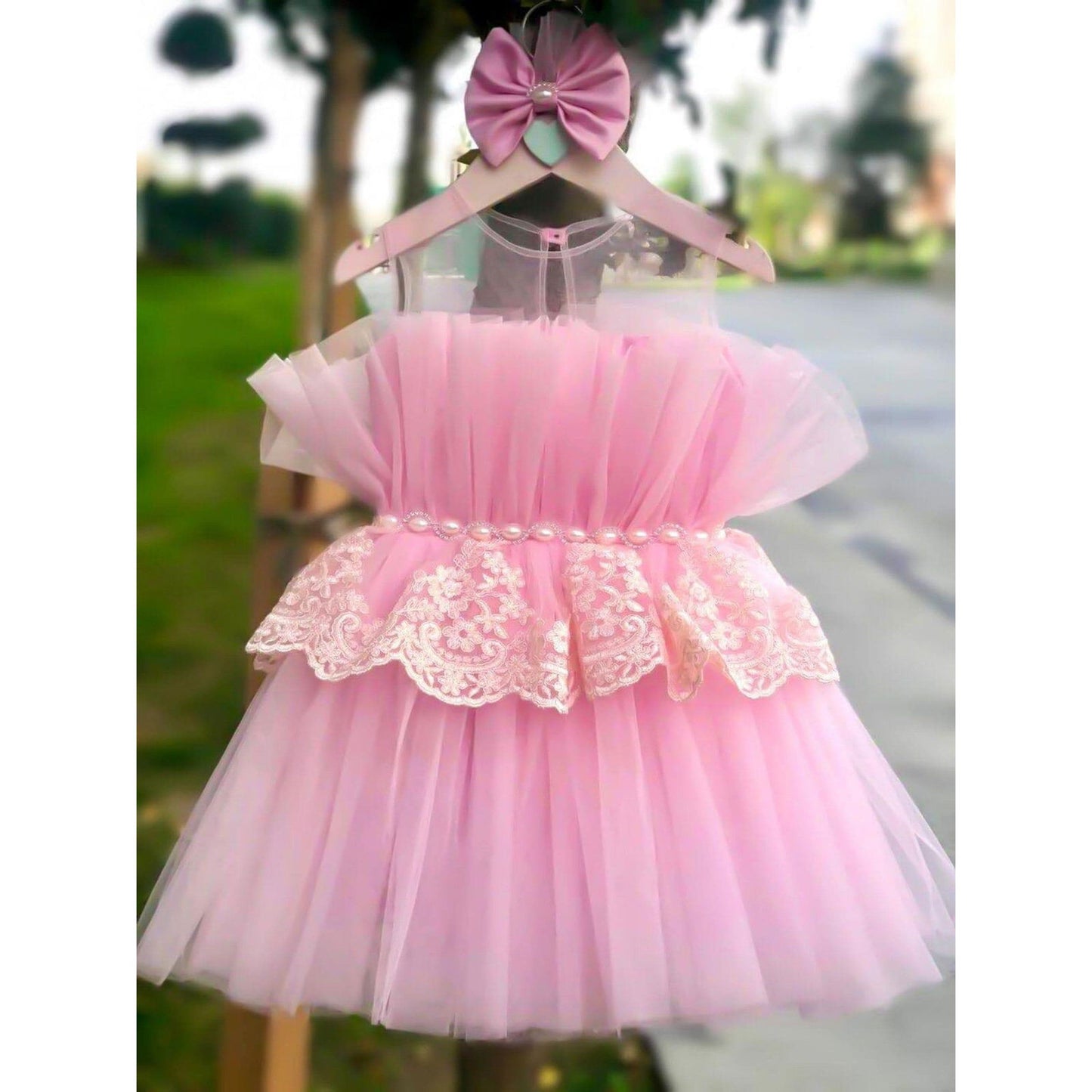 Special occasion pink lace dress with bow - Western By Zari